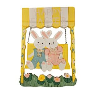 Vintage Happy Easter Wooden Bunny Swing Decor Sign yellow pink studio 11‎ unique